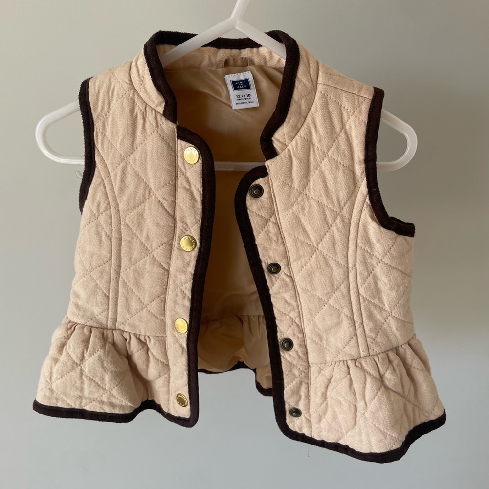 Janie and Jack Cream Quilted Vest with Brown Trim